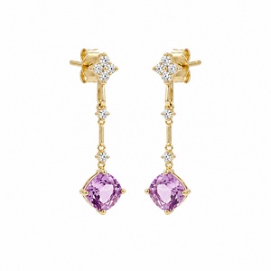 14K Yellow Gold Cushion Amethyst & CZ Floral Dangle Earrings
