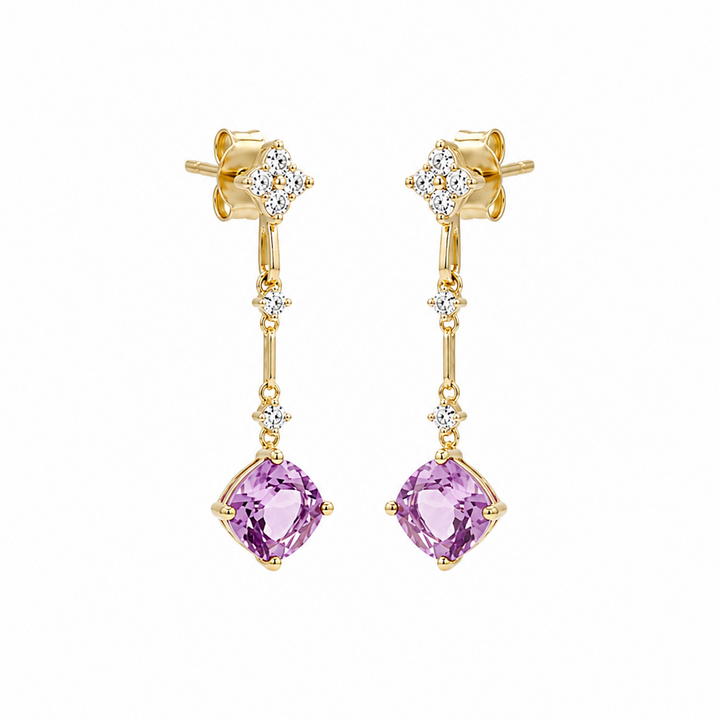 14K Yellow Gold Cushion Amethyst & CZ Floral Dangle Earrings