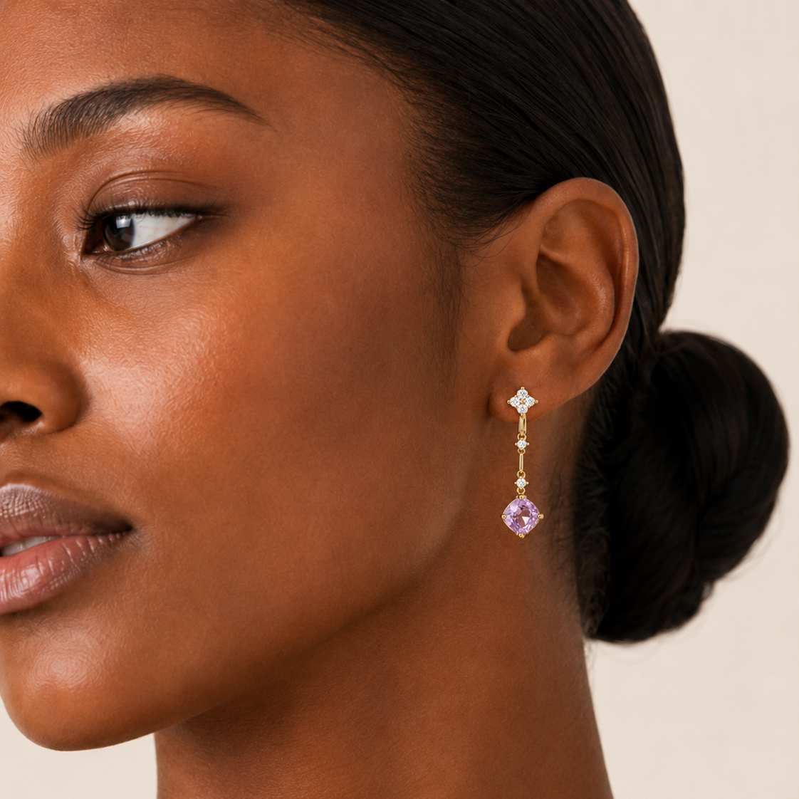 14K Yellow Gold Cushion Amethyst & CZ Floral Dangle Earrings