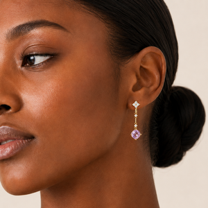 14K Yellow Gold Cushion Amethyst & CZ Floral Dangle Earrings