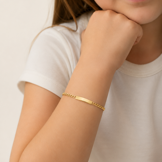 18K Yellow Gold Curb Chain ID Bracelet 5" 4mm Kids