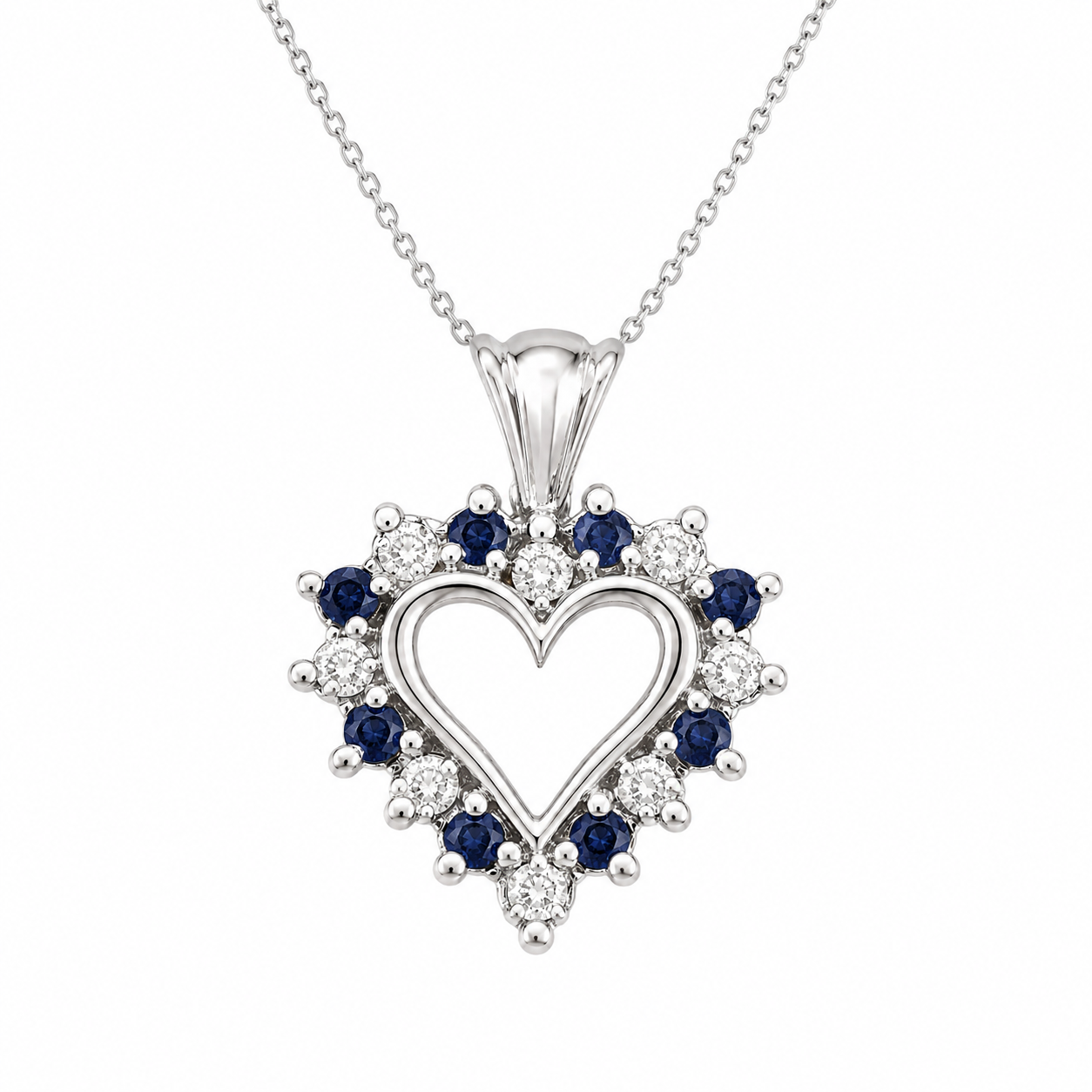 10K White Gold Sapphire Diamond Open-Heart Pendant 15mm