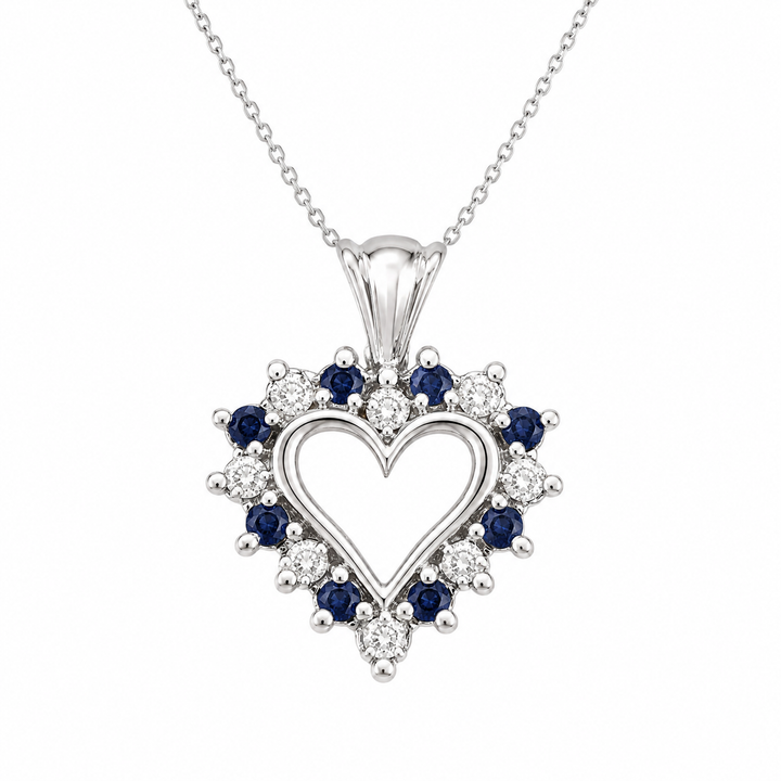 10K White Gold Sapphire Diamond Open-Heart Pendant 15mm
