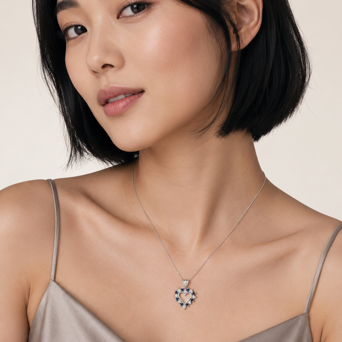 10K White Gold Sapphire Diamond Open-Heart Pendant 15mm
