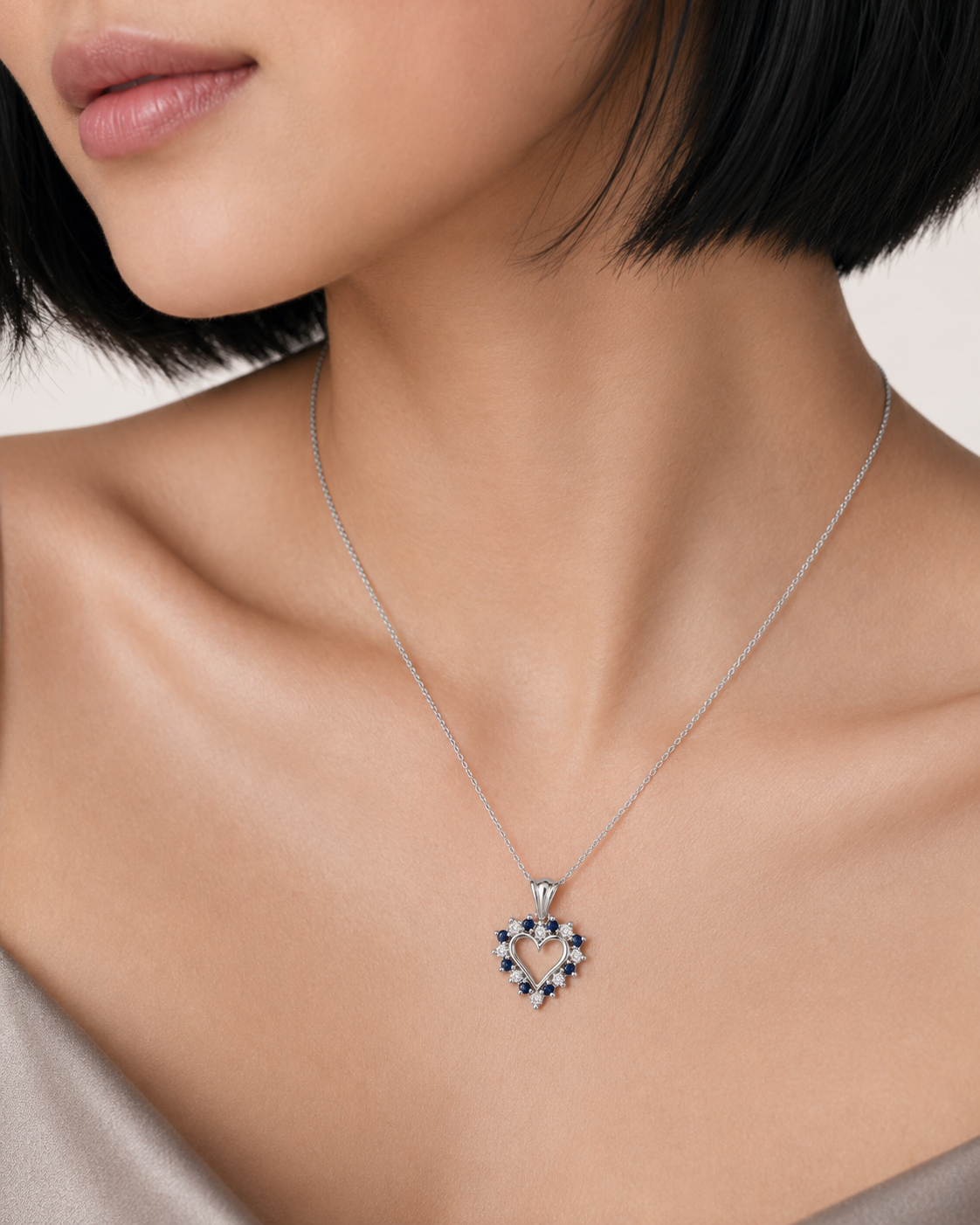 10K White Gold Sapphire Diamond Open-Heart Pendant 15mm