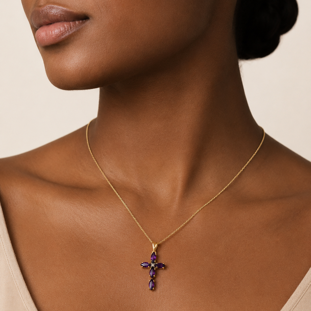 14K Yellow Gold Amethyst Diamond Cross Pendant 25.5mm