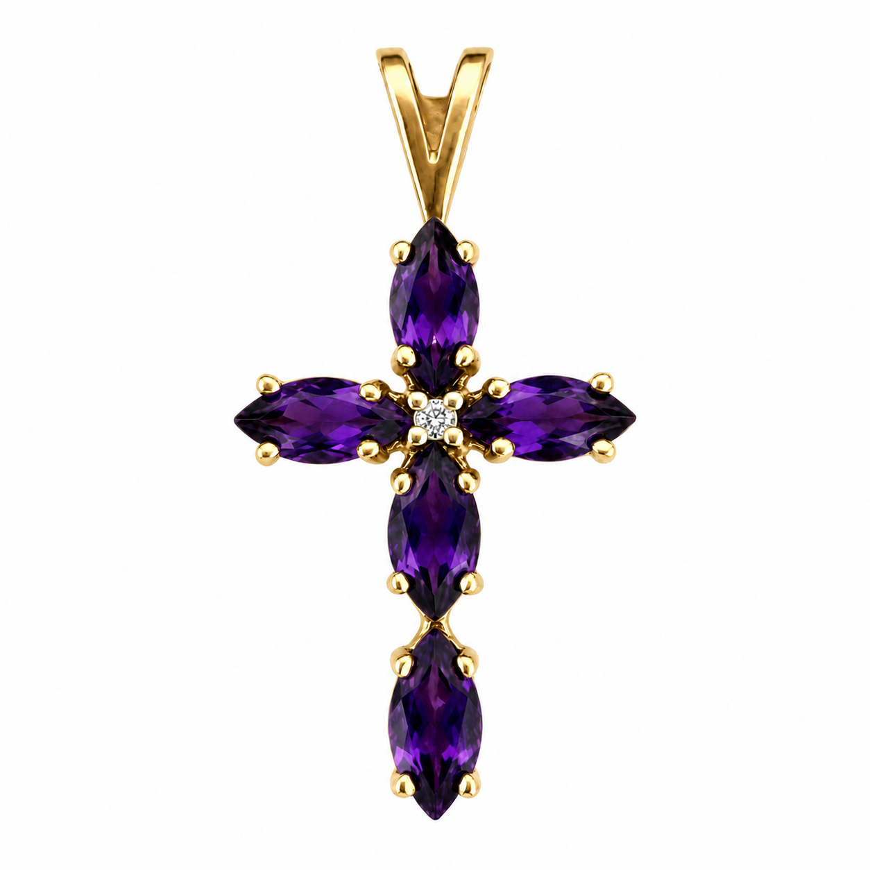 14K Yellow Gold Amethyst Diamond Cross Pendant 25.5mm