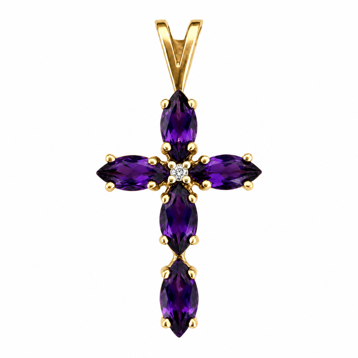 14K Yellow Gold Amethyst Diamond Cross Pendant 25.5mm