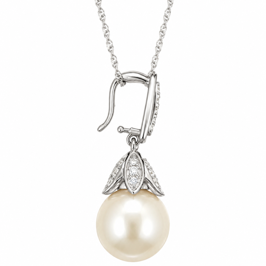 18K White Gold Pearl Drop Necklace 10mm Diamond Hinged Bail
