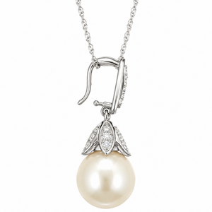 18K White Gold Pearl Drop Necklace 10mm Diamond Hinged Bail