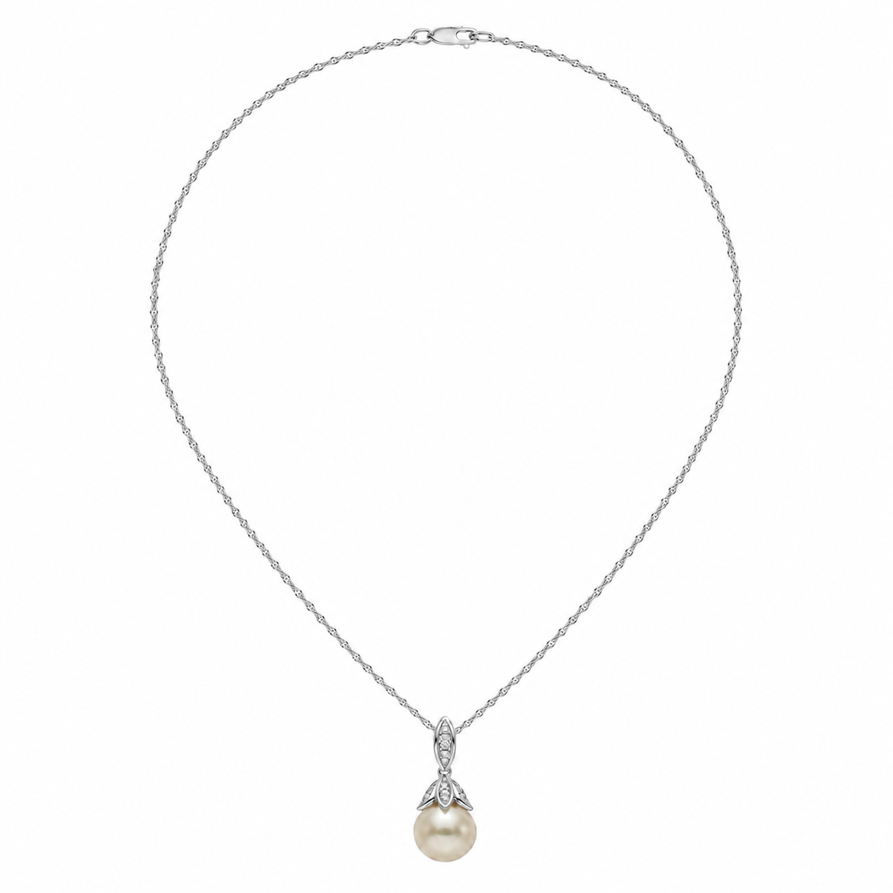 18K White Gold Pearl Drop Necklace 10mm Diamond Hinged Bail
