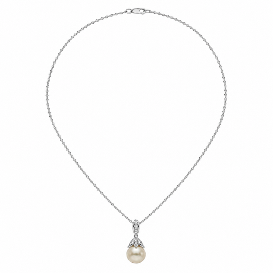 18K White Gold Pearl Drop Necklace 10mm Diamond Hinged Bail