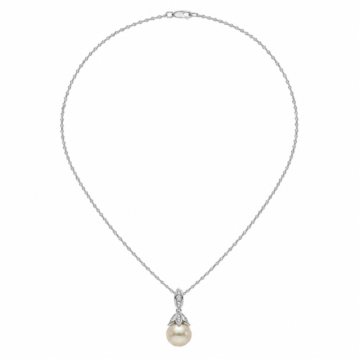 18K White Gold Pearl Drop Necklace 10mm Diamond Hinged Bail