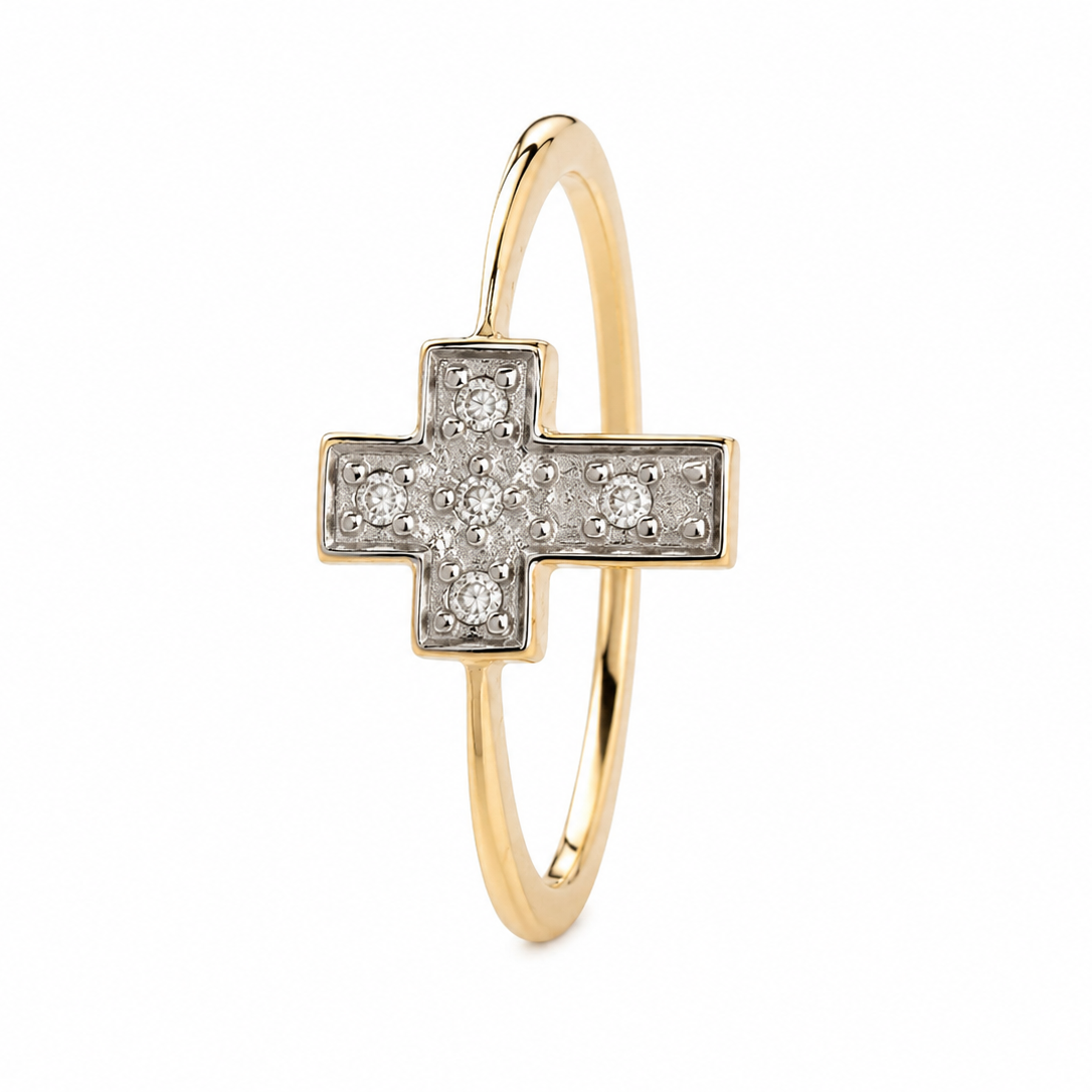 10K Yellow & White Gold Pavé Diamond Cross Ring