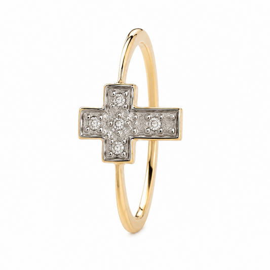 10K Yellow & White Gold Pavé Diamond Cross Ring