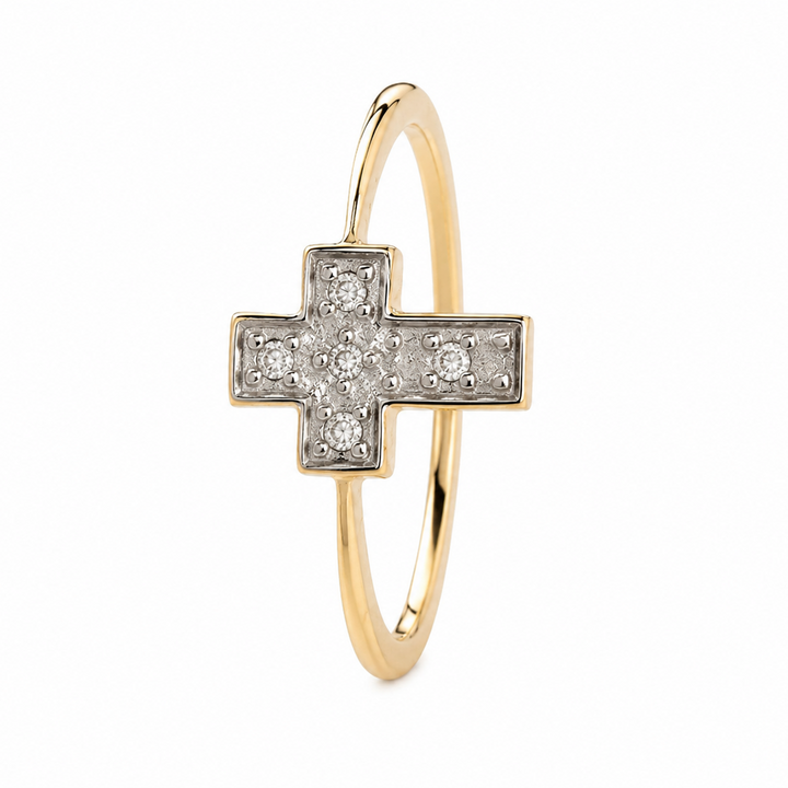 10K Yellow & White Gold Pavé Diamond Cross Ring