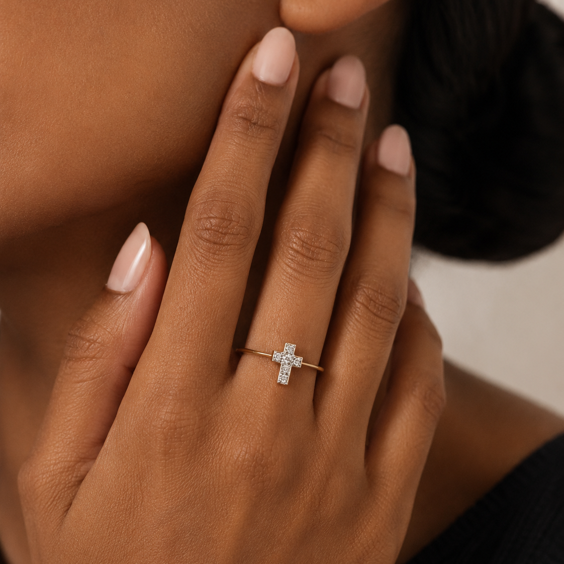 10K Yellow & White Gold Pavé Diamond Cross Ring