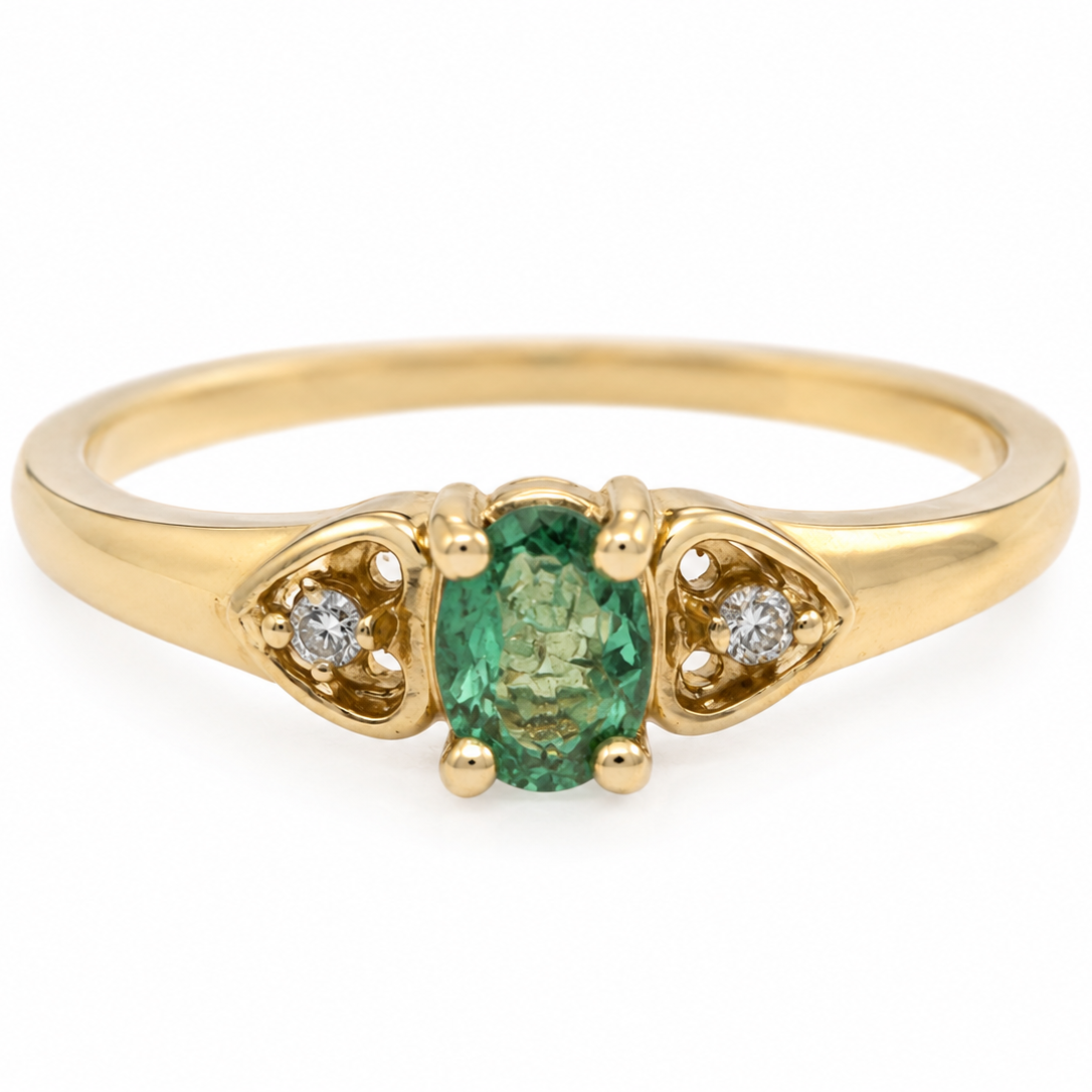Vintage 10K Yellow Gold Emerald & Diamond Three-Stone Heart Ring
