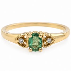 Vintage 10K Yellow Gold Emerald & Diamond Three-Stone Heart Ring
