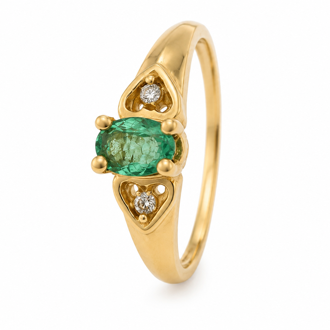 Vintage 10K Yellow Gold Emerald & Diamond Three-Stone Heart Ring