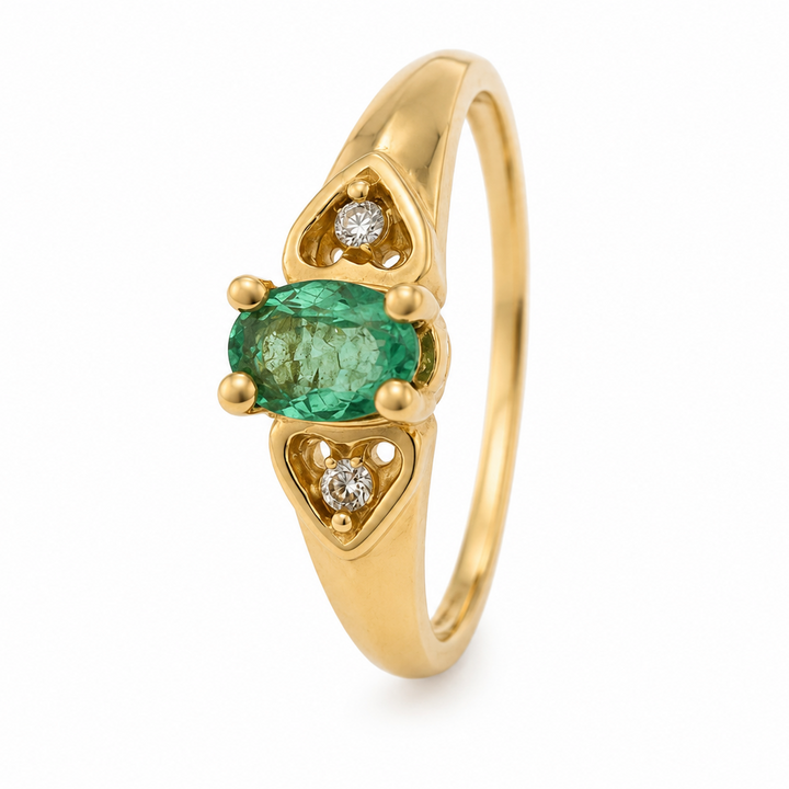 Vintage 10K Yellow Gold Emerald & Diamond Three-Stone Heart Ring