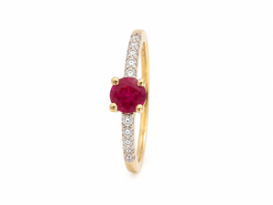 10K Yellow Gold Ruby Solitaire Ring with Pavé Diamond Shoulders