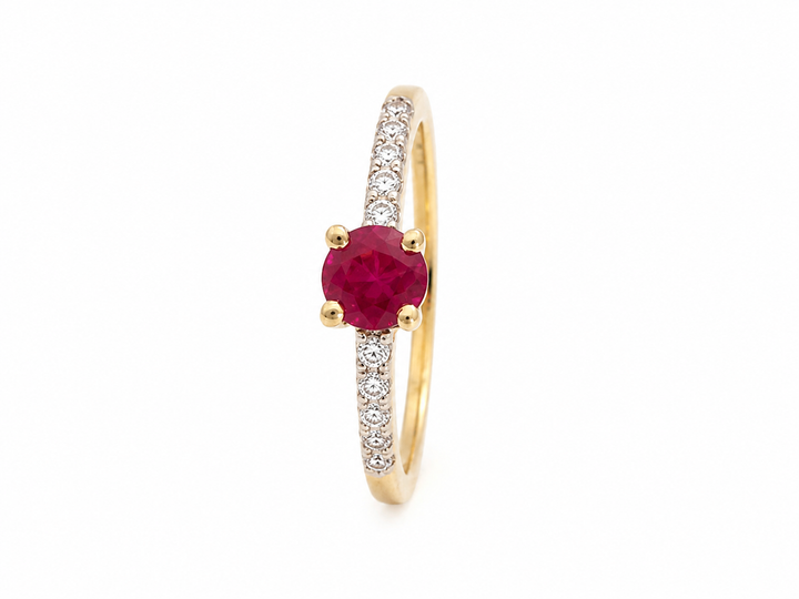 10K Yellow Gold Ruby Solitaire Ring with Pavé Diamond Shoulders