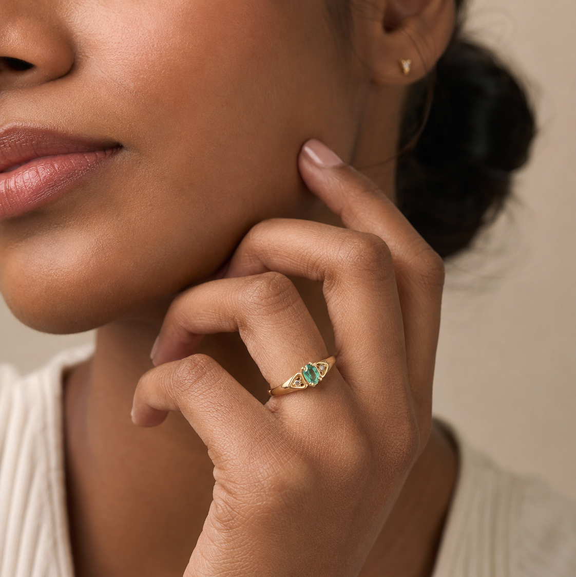 Vintage 10K Yellow Gold Emerald & Diamond Three-Stone Heart Ring