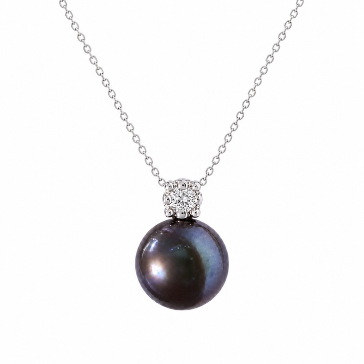 10K White Gold Black Pearl and Diamond Pendant
