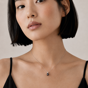 10K White Gold Black Pearl and Diamond Pendant