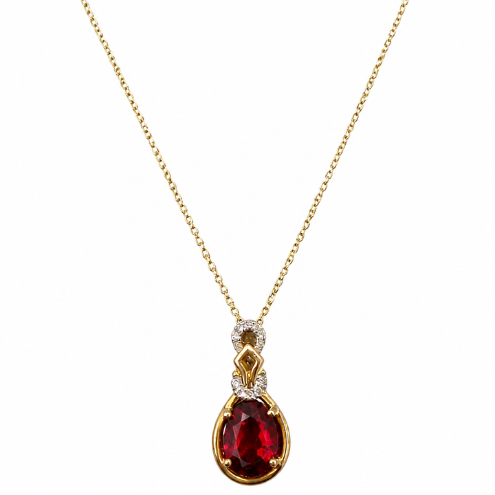 14K Yellow Gold Garnet Halo Drop with Diamond Pendant Necklace