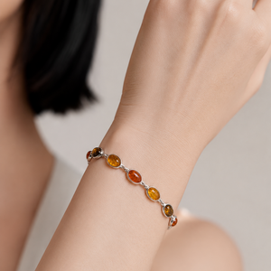 925 Sterling Silver Bezel-Set Baltic Amber Station Bracelet 7.5"