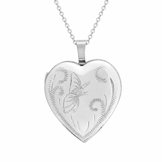 925 Sterling Silver Heart Locket Pendant Butterfly Engraving