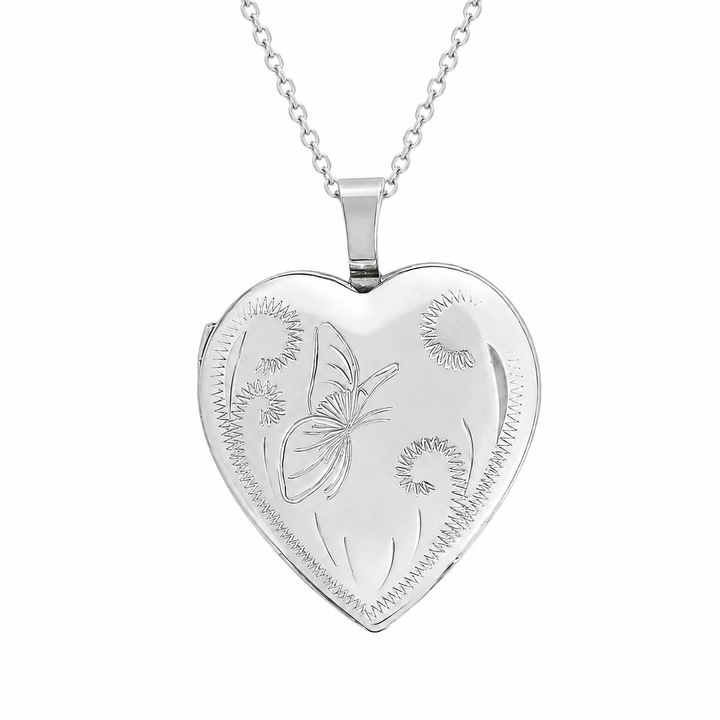 925 Sterling Silver Heart Locket Pendant Butterfly Engraving