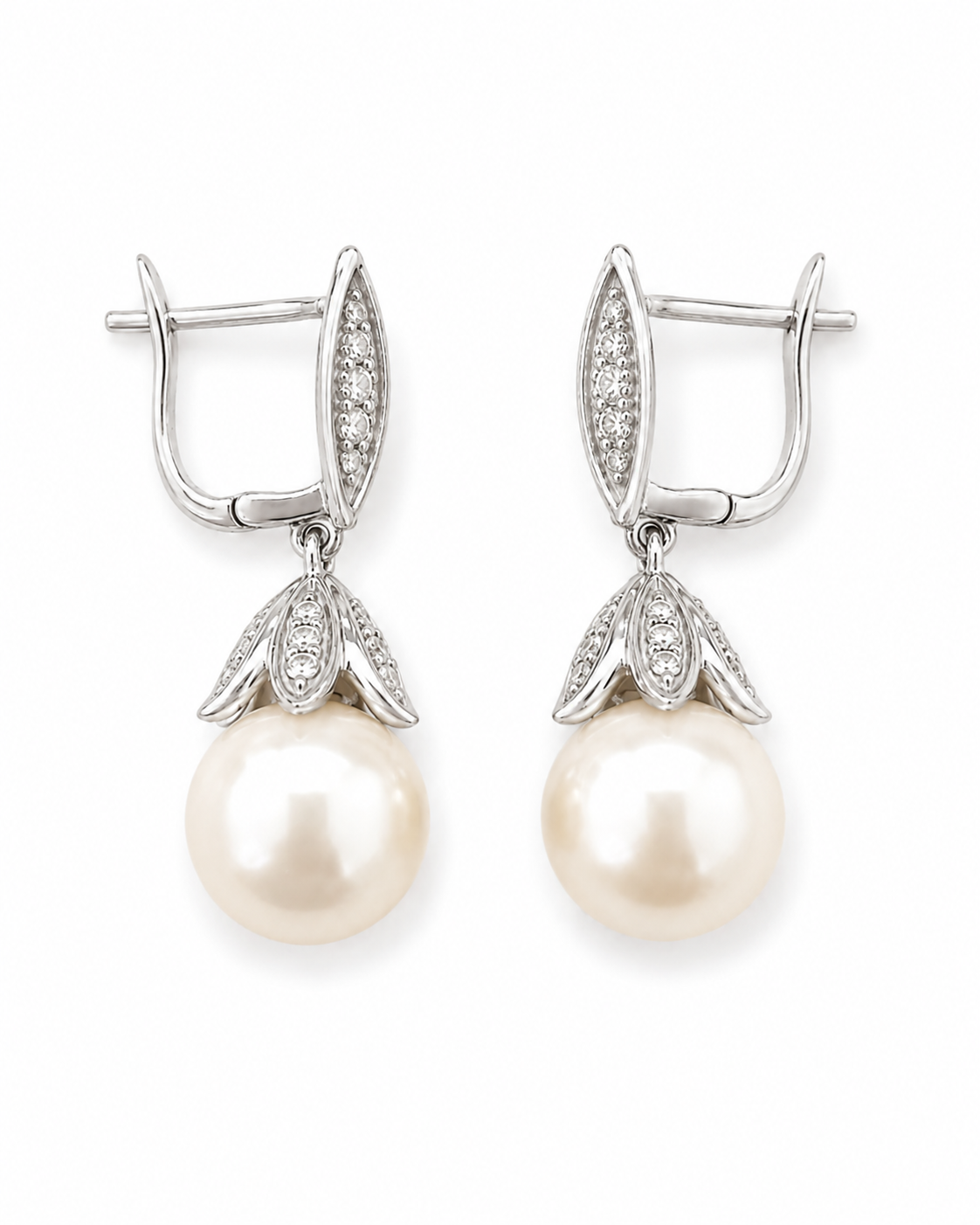 18K White Gold Freshwater Pearl and Lab Diamond Dangle Earrings 11mm