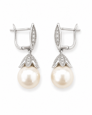 18K White Gold Freshwater Pearl and Lab Diamond Dangle Earrings 11mm