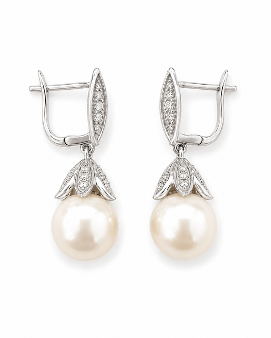 18K White Gold Freshwater Pearl and Lab Diamond Dangle Earrings 11mm