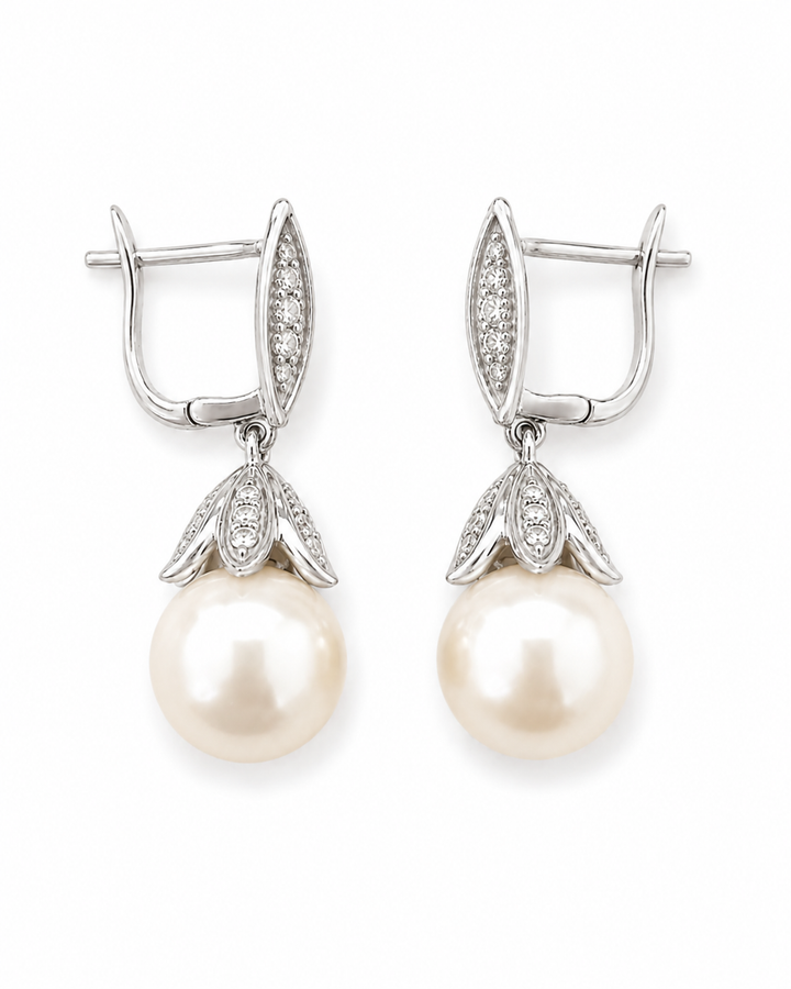 18K White Gold Freshwater Pearl and Lab Diamond Dangle Earrings 11mm