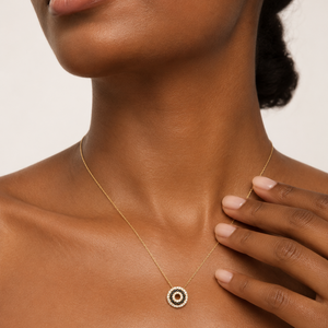 14K Yellow Gold Black Onyx & Diamond Circle Pendant Necklace