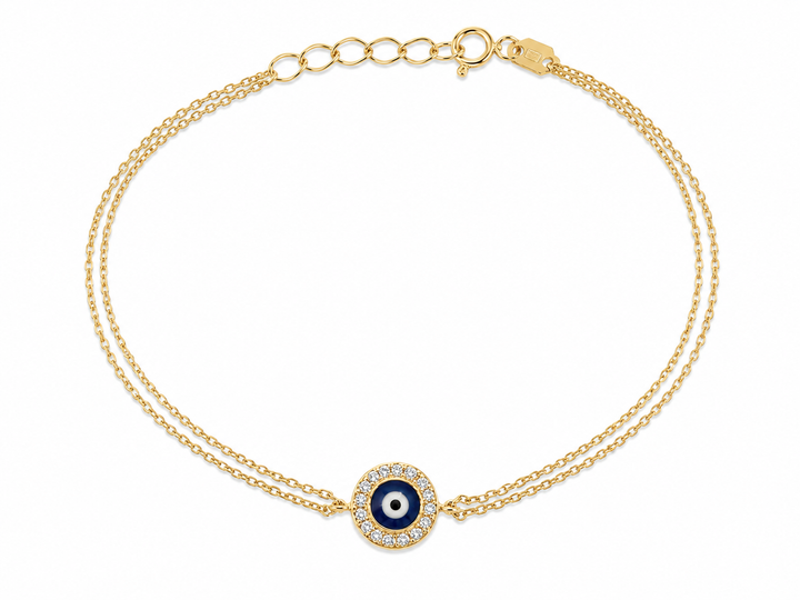14K Yellow Gold Double-Chain Evil Eye Halo Bracelet