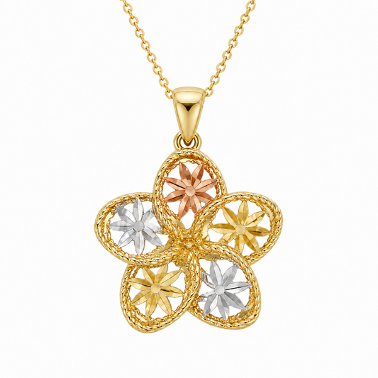10K Tri-Tone Gold Filigree Flower Pendant