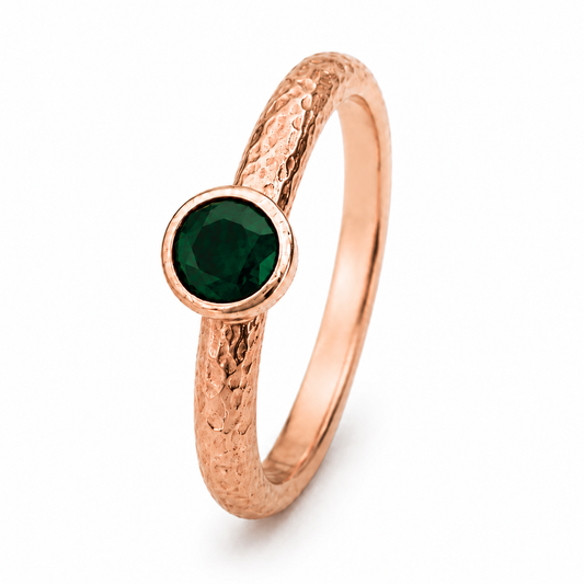925 Sterling Silver Rose Gold Plated Emerald Hammered Ring