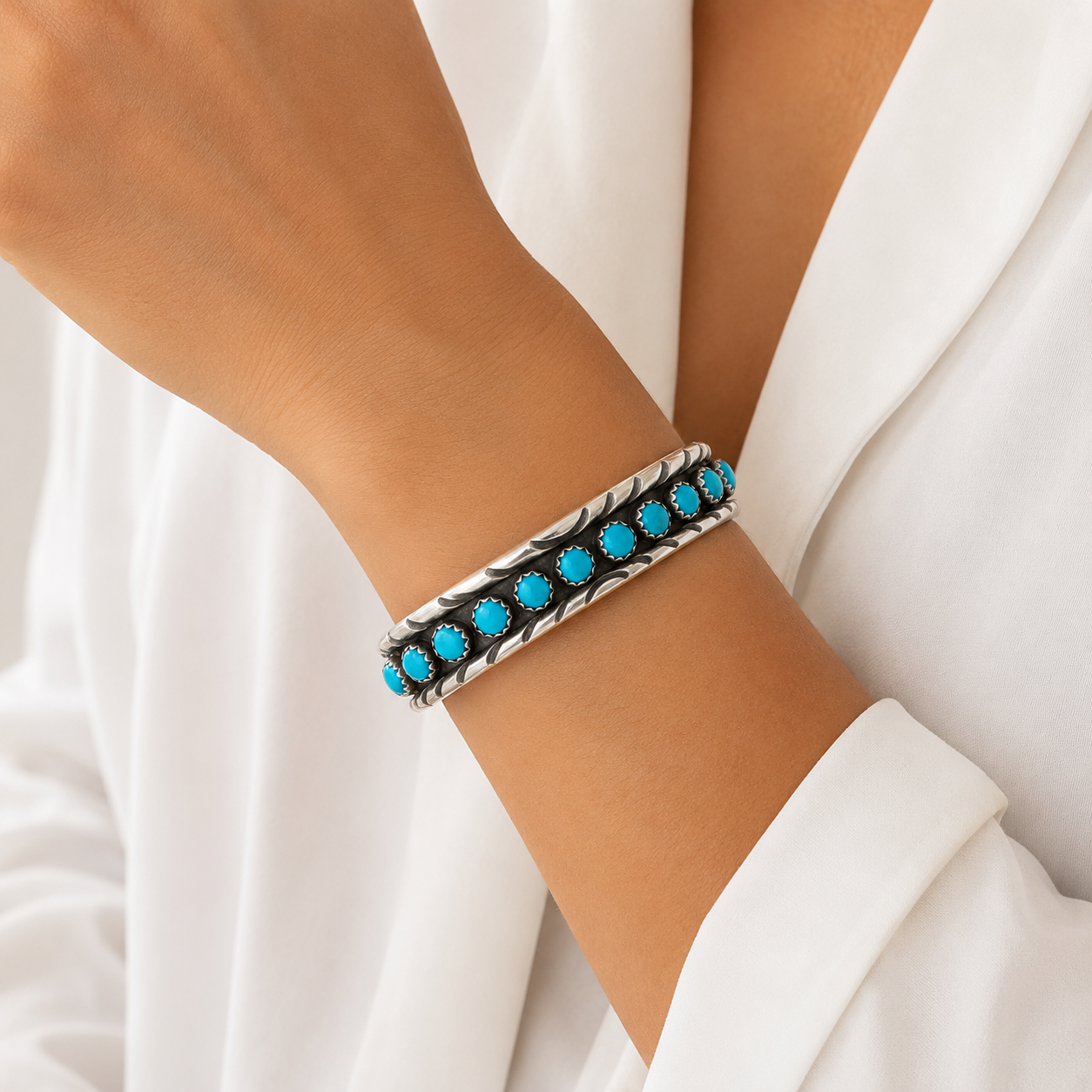 925 Sterling Silver Petit Point Turquoise Cuff Bracelet
