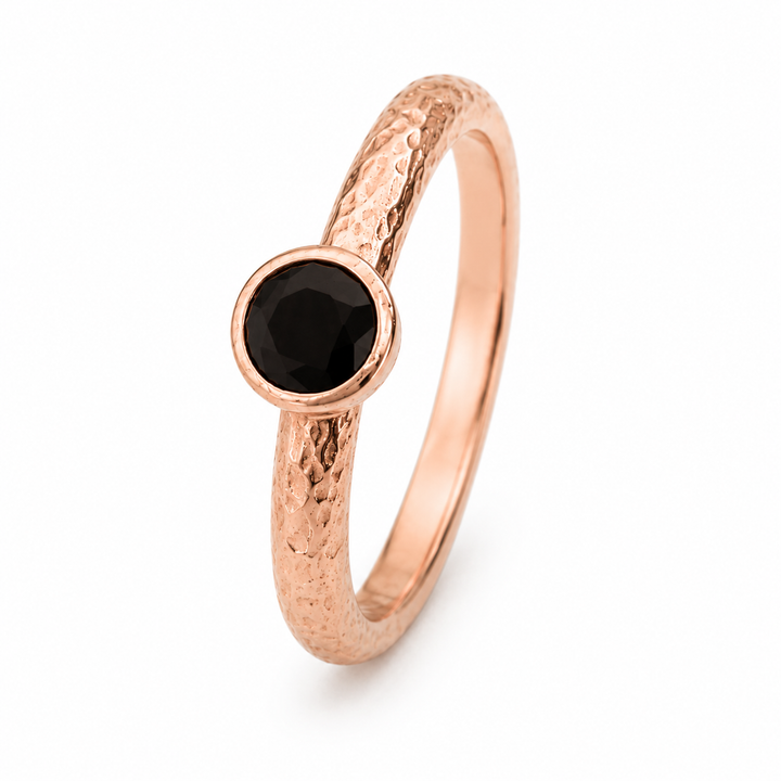 925 Sterling Silver Rose Gold Plated Onyx Hammered Ring