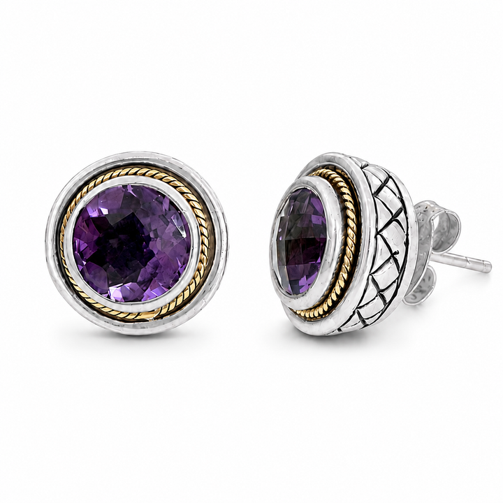925 Sterling Silver & 18K Gold Rope-Trim Amethyst Stud Earrings