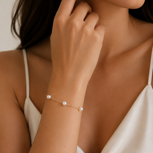 14K Yellow Gold Pearl Station Bracelet