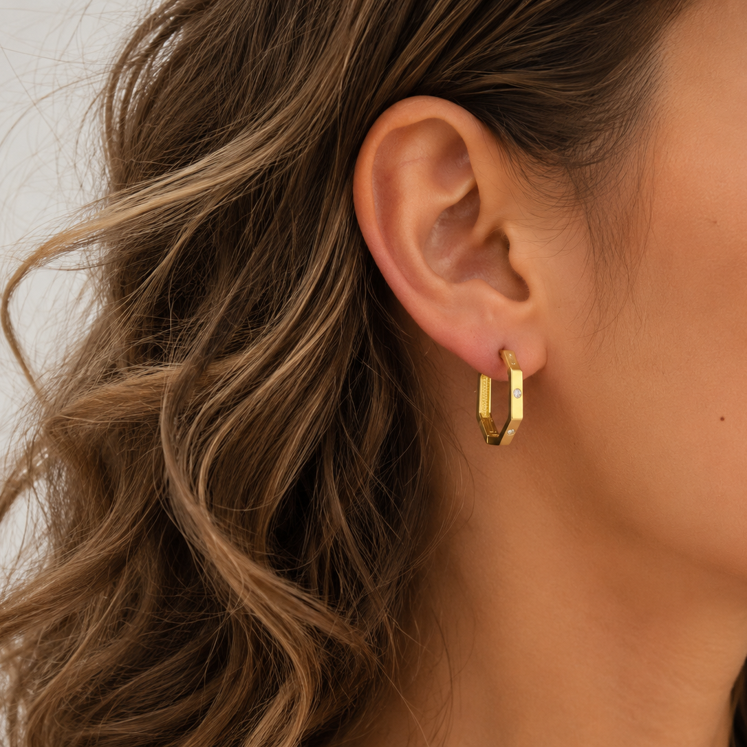 14K Yellow Gold Cubic Zircconia Hexagonal Earrings
