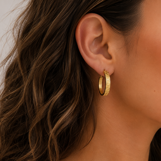 14K Yellow Gold Engraved Floral Hoops Earrings