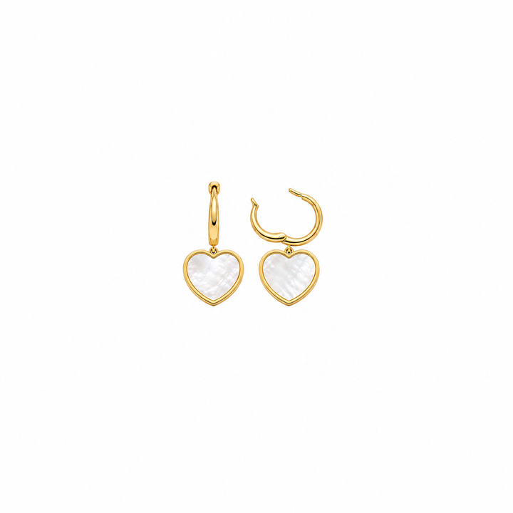 14K Yellow Gold Heart Mother of Pearl Hoop Earrings