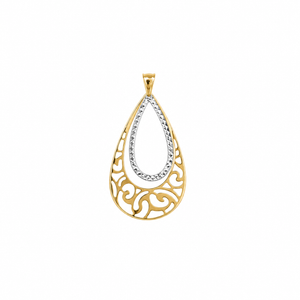 10K Two Tone Yellow and White Gold Filigree Teardrop Pendant